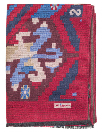 Kiton Schal in braun-rot mit blau-beigem Muster aus Seide