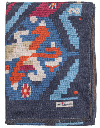 Kiton Schal in braun-dunkelblau mit rot-beigem Muster aus Seide