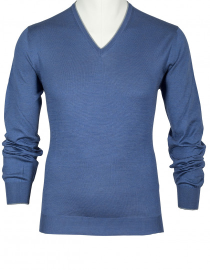 SOBS V-Kragenpullover in blau mit grauer Kante aus Seide/Baumwolle