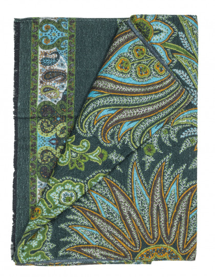 Kiton Schal in grün mit floralem Muster und grauer Rückseite aus Seide