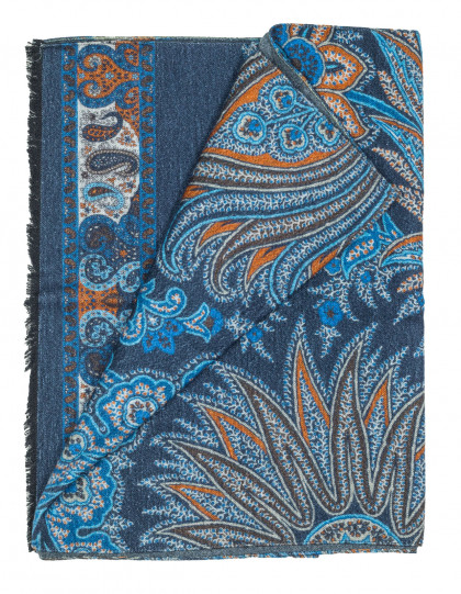 Kiton Schal in blau mit floralem Muster und grauer Rückseite aus Seide