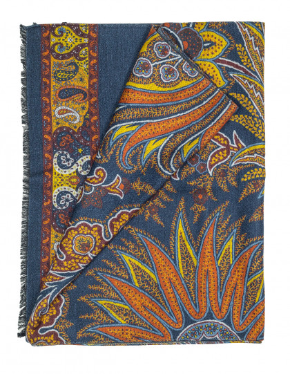 Kiton Schal in dunkelblau mit floralem Muster und grauer Rückseite aus Seide